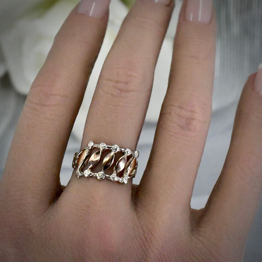 Vintage Artisan 950 Silver 18k Rose Gold Two Tone Band Ring Acid Tested Size 7.5